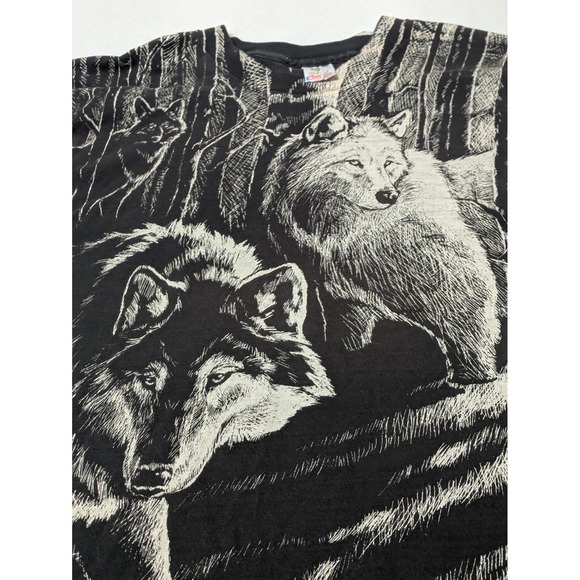 Vtg 90s Wolf Pack All Over Print AOP Single Stitch T-Shirt Large 1992 Harlequin - Picture 5 of 10